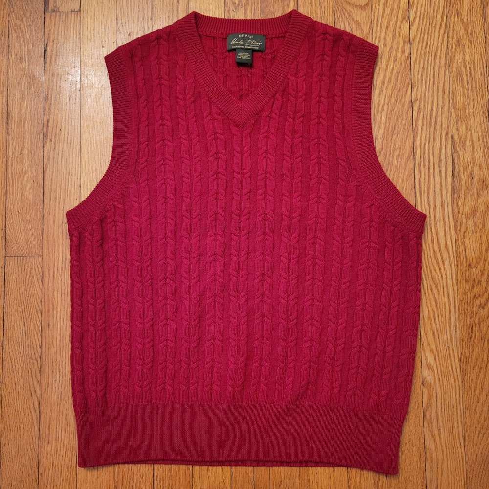 Orvis Signature Collection Red Cable Knit Wool V Neck Sweater Vest L Preppy Twee